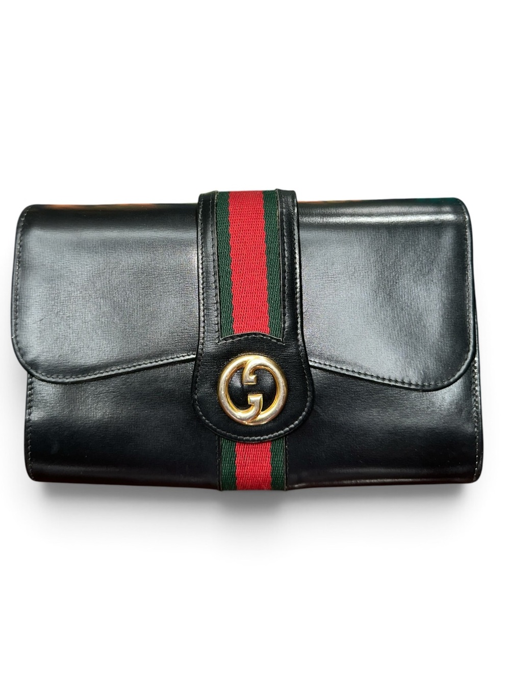 Vintage 1970s Gucci Black Leather Web Stripe GG Clutch